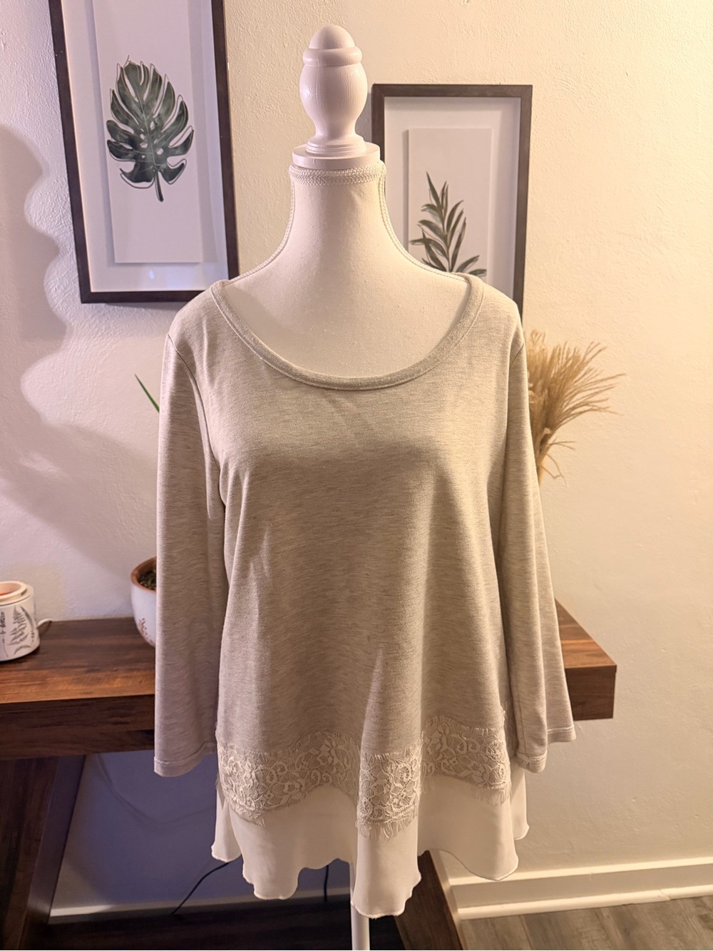 Beige Lace Trim Layered Blouse Flowy Long Sleeve Romantic Size L